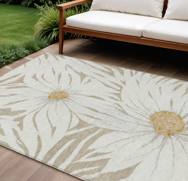 9' X 12' Beige Ivory And Gold Floral Washable Indoor Outdoor Area Rug