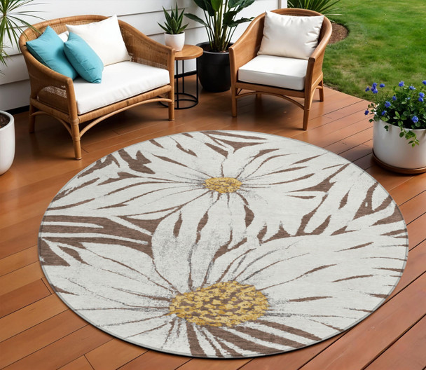 8' Brown Ivory And Gold Round Floral Washable Indoor Outdoor Area Rug