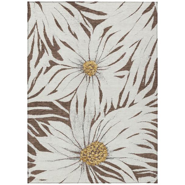 10' X 14' Brown Ivory And Gold Floral Washable Indoor Outdoor Area Rug