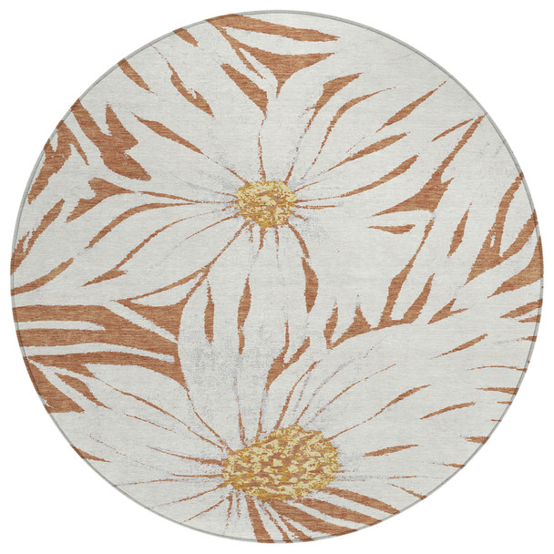 8' Copper Ivory And Gold Round Floral Washable Indoor Outdoor Area Rug