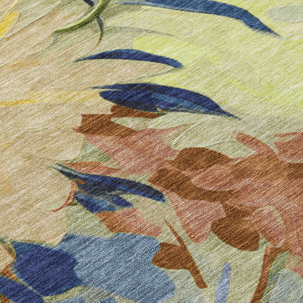 8' X 10' Artichoke Green Yellow And Blue Floral Washable Indoor Outdoor Area Rug