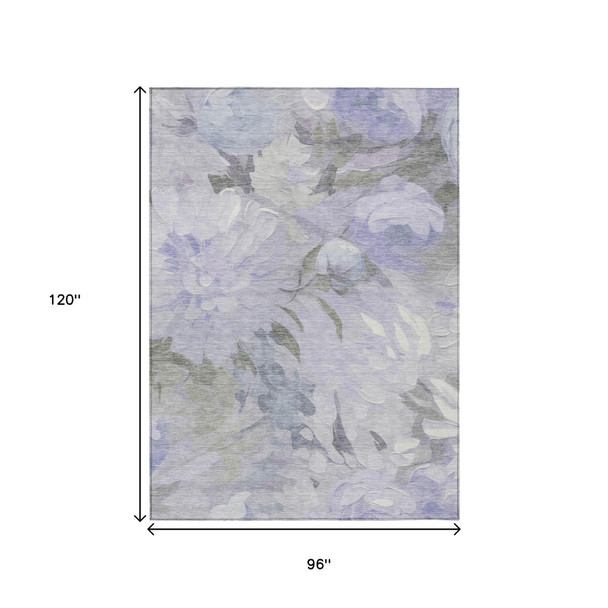 8' X 10' Lavender And Ivory Floral Washable Indoor Outdoor Area Rug