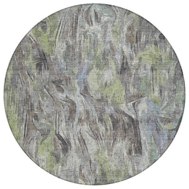 8' Fern Green And Gray Round Abstract Washable Indoor Outdoor Area Rug
