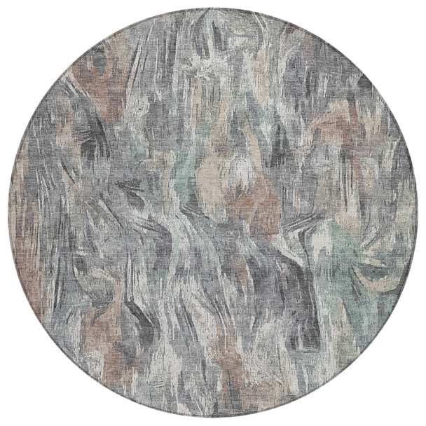 8' Gray Brown And Ivory Round Abstract Washable Indoor Outdoor Area Rug