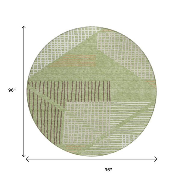 8' Artichoke Green And Ivory Round Striped Washable Indoor Outdoor Area Rug
