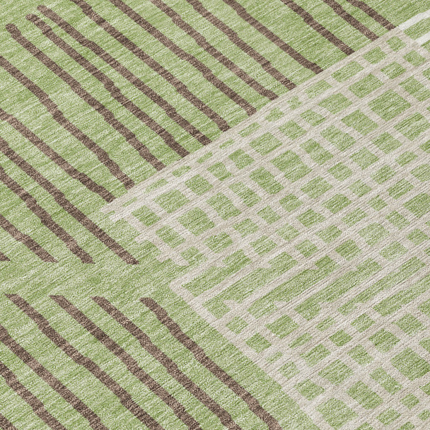 9' X 12' Artichoke Green And Ivory Striped Washable Indoor Outdoor Area Rug