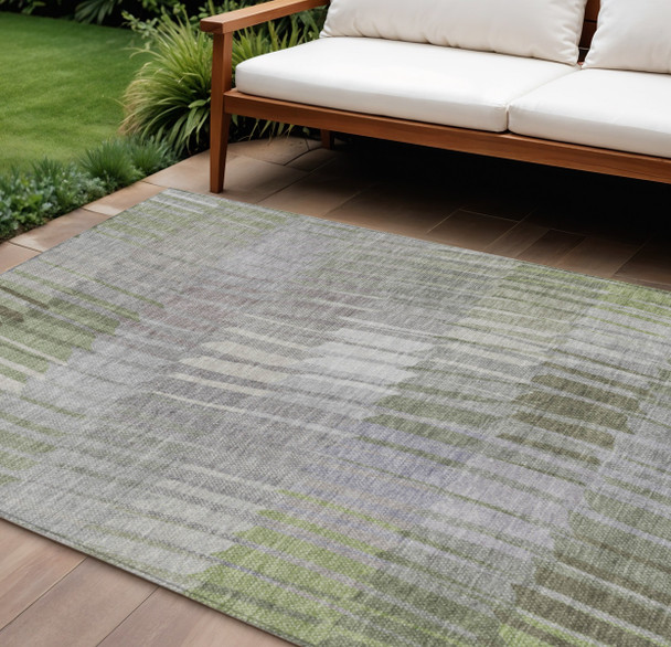 10' X 14' Olive Green And Ivory Striped Washable Indoor Outdoor Area Rug