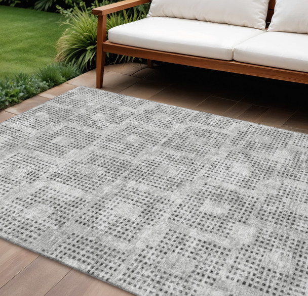 10' X 14' Gray And Charcoal Geometric Washable Indoor Outdoor Area Rug