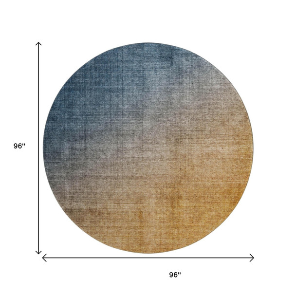 8' Navy Blue And Orange Ombre Washable Round Rug With UV Protection