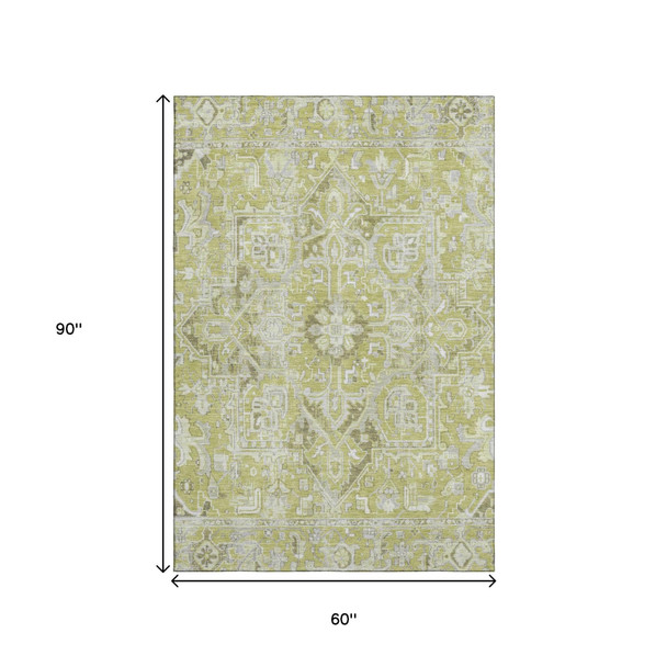 5' X 8' Fern Green And Ivory Oriental Washable Area Rug With UV Protection