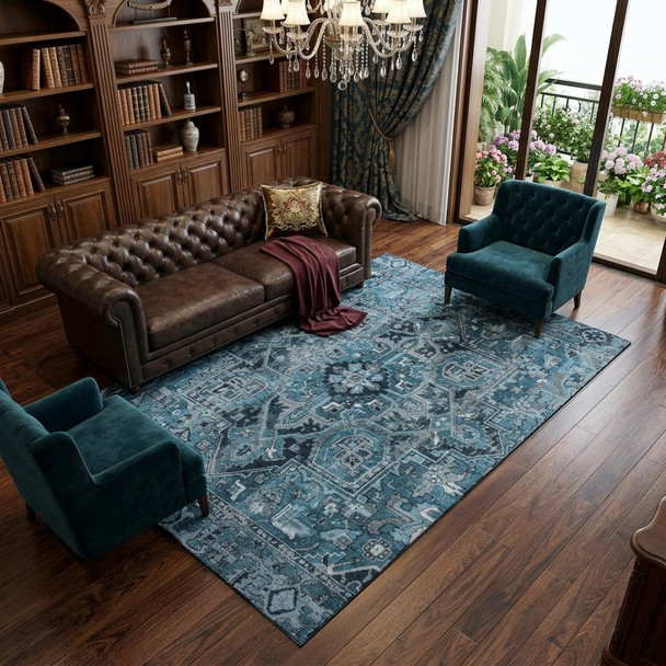 9' X 12' Blue And Ivory Oriental Washable Area Rug With UV Protection