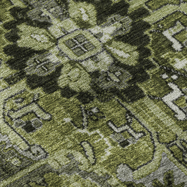 3' X 5' Olive Green Gray And Ivory Oriental Washable Area Rug With UV Protection