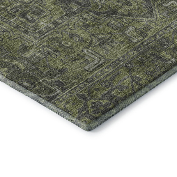 8' Green And Gray Medallion Distressed Washable Round Rug With UV Protection