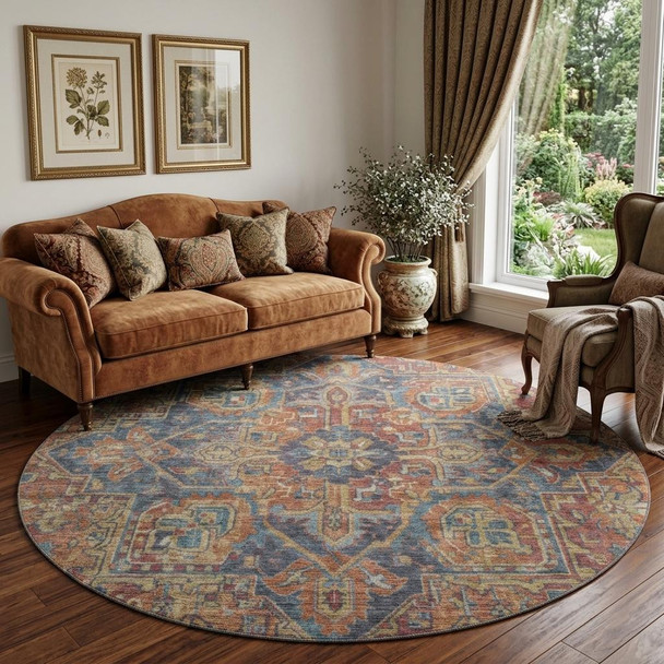 8' Red And Blue Medallion Distressed Washable Round Rug With UV Protection