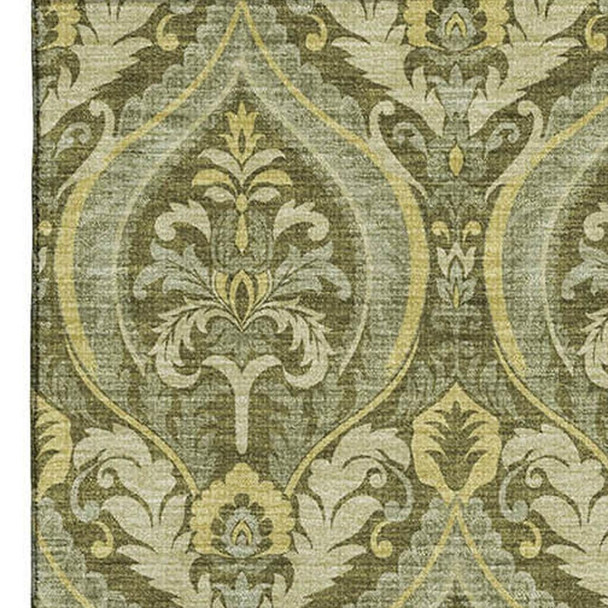5' X 8' Green And Ivory Floral Washable Area Rug With UV Protection