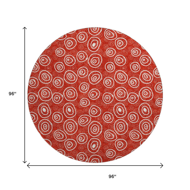8' Red And Ivory Polka Dot Washable Round Rug With UV Protection
