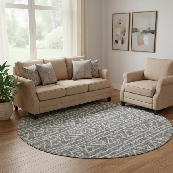 8' Charcoal And Ivory Geometric Washable Round Rug With UV Protection