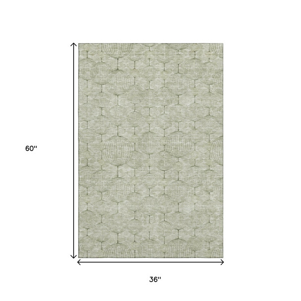 3' X 5' Artichoke Green And Ivory Geometric Washable Area Rug With UV Protection