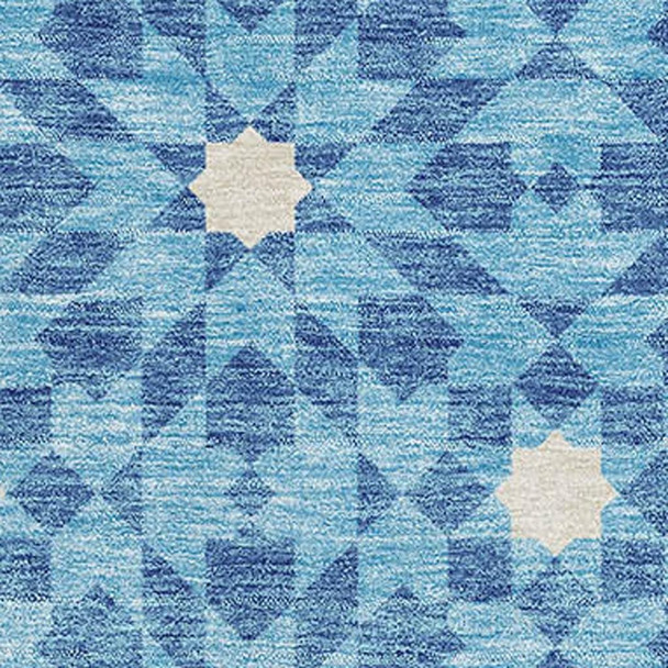 5' X 8' Denim Blue And Ivory Geometric Washable Area Rug With UV Protection