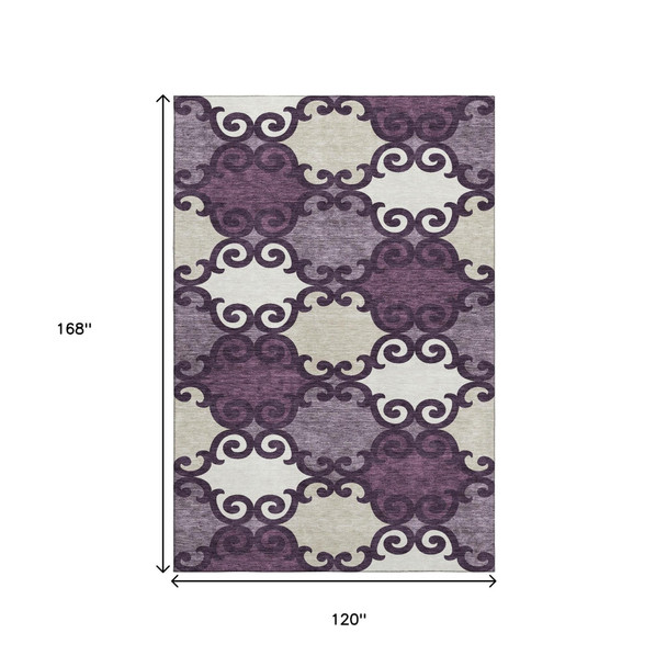 10' X 14' Eggplant Beige And Ivory Trellis Washable Area Rug With UV Protection