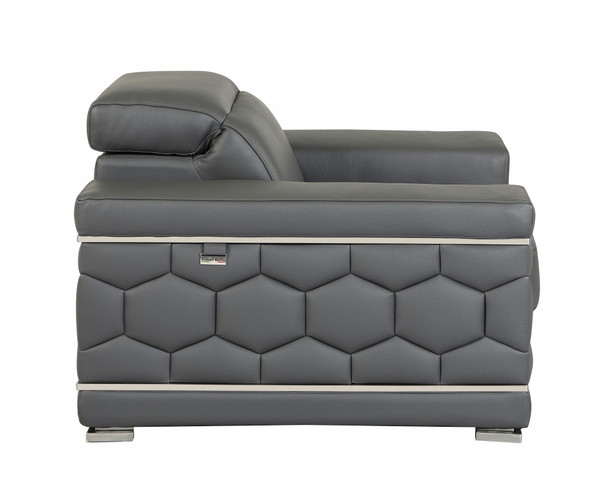 47" Dark Gray And Silver Genuine Leather Arm Chair