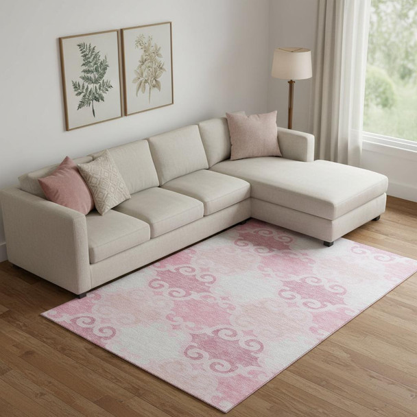 8' X 10' Pink Gray And Silver Trellis Washable Area Rug With UV Protection