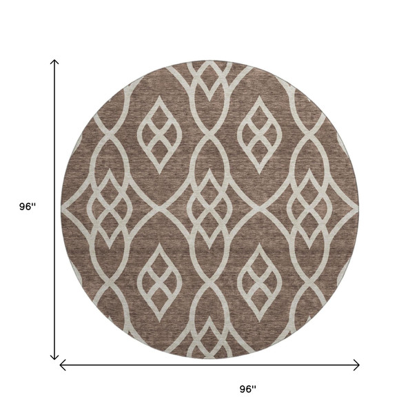 8' Chocolate And Beige Trellis Washable Round Rug With UV Protection