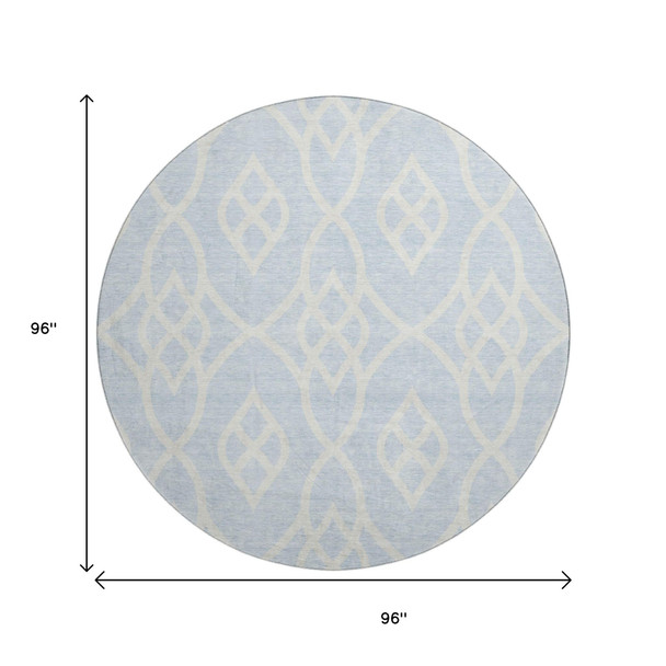 8' Sky Blue And Ivory Trellis Washable Round Rug With UV Protection