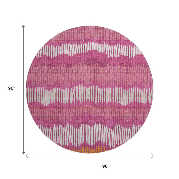 8' Blush Orange And Ivory Striped Washable Round Rug With UV Protection