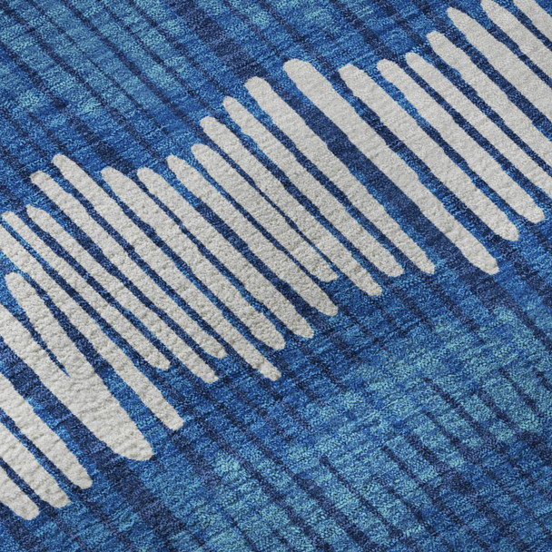 9' X 12' Navy Blue Ivory And Gray Striped Washable Area Rug With UV Protection