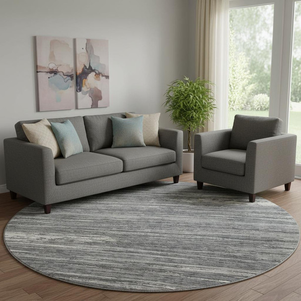 8' Gray And Ivory Striped Washable Round Rug With UV Protection