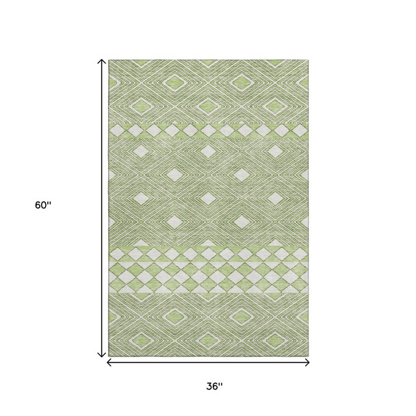 3' X 5' Artichoke Green And Ivory Geometric Washable Area Rug With UV Protection