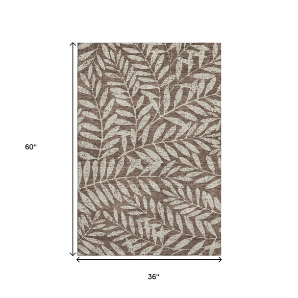 3' X 5' Brown And Beige Floral Washable Area Rug With UV Protection
