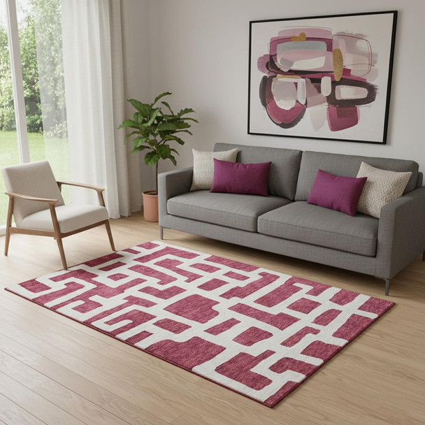 5' X 8' Burgundy And Ivory Abstract Geometric Washable Area Rug With UV Protection