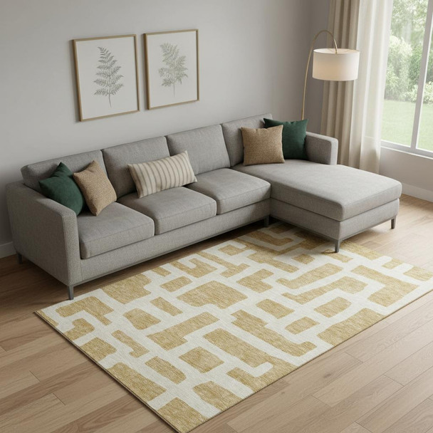 10' X 14' Gold And Ivory Abstract Geometric Washable Area Rug With UV Protection
