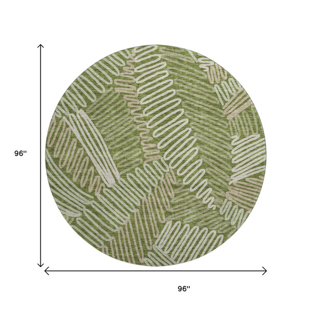 8' Olive Green Ivory And Beige Floral Washable Round Rug With UV Protection
