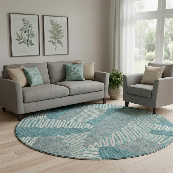 8' Teal Ivory And Gray Floral Washable Round Rug With UV Protection
