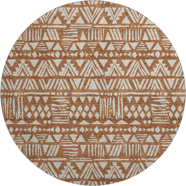 8' Terra Cotta And Beige Southwestern Washable Round Rug With UV Protection