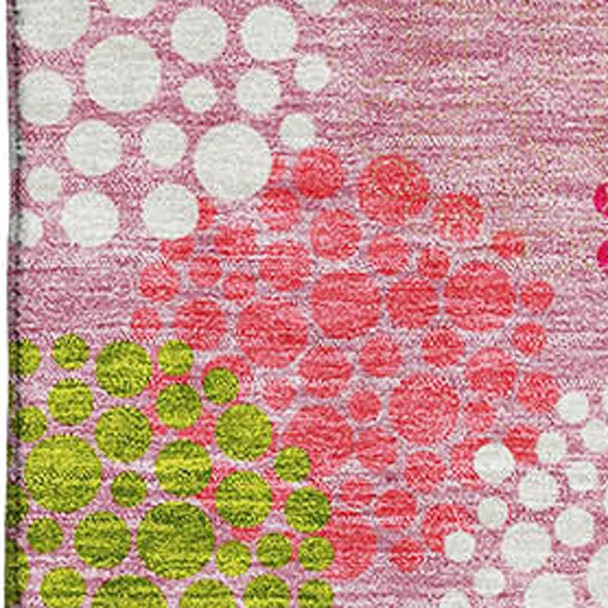 5' X 8' Pink Green And Ivory Polka Dot Washable Area Rug With UV Protection