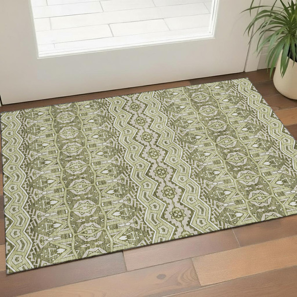 3' X 5' Artichoke Green And Beige Moroccan Washable Area Rug With UV Protection