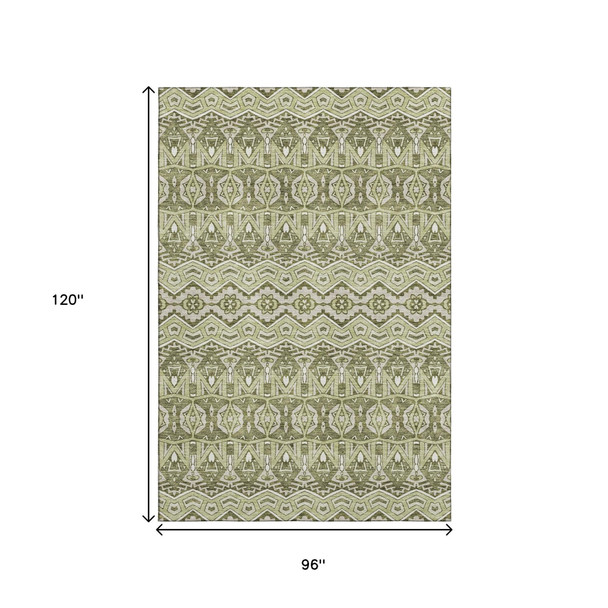 8' X 10' Artichoke Green And Beige Moroccan Washable Area Rug With UV Protection