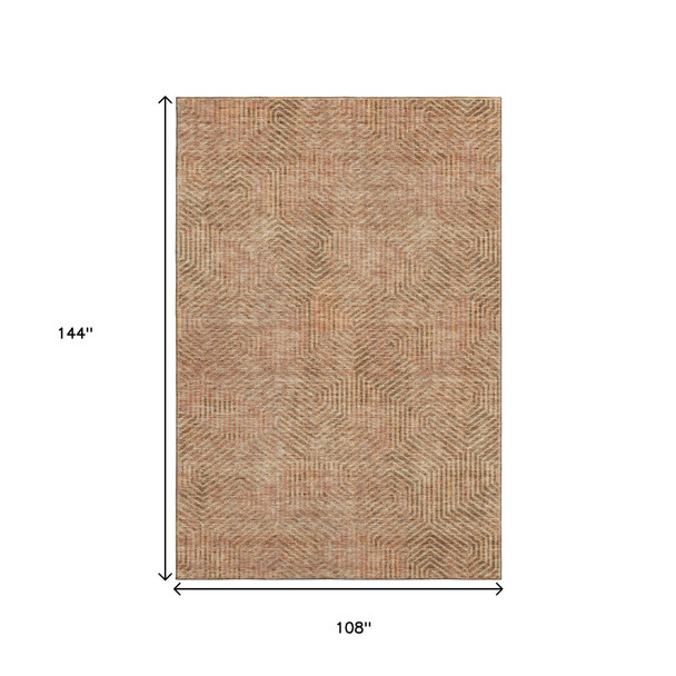 9' X 12' Copper And Beige Geometric Washable Area Rug With UV Protection