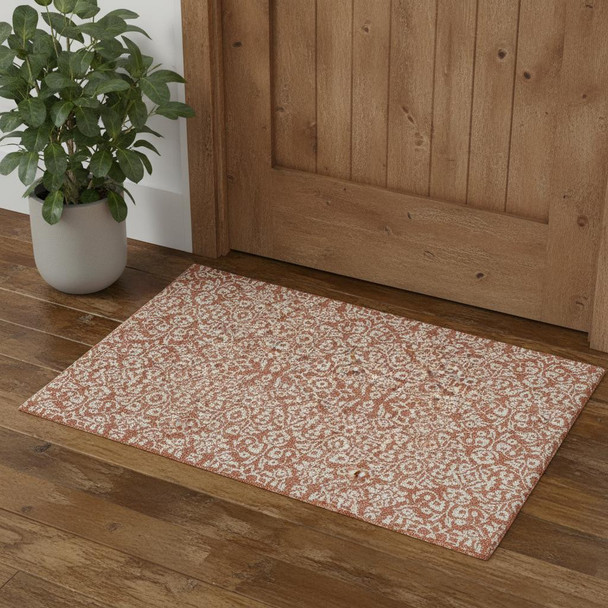 3' X 5' Coral And Beige Damask Washable Area Rug With UV Protection