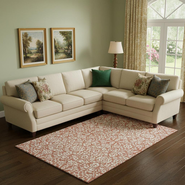 9' X 12' Coral And Beige Damask Washable Area Rug With UV Protection