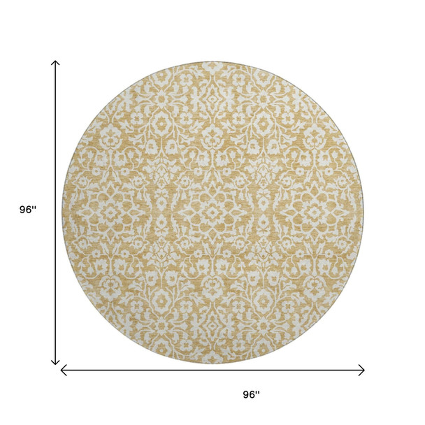 8' Gold And Ivory Damask Washable Round Rug With UV Protection