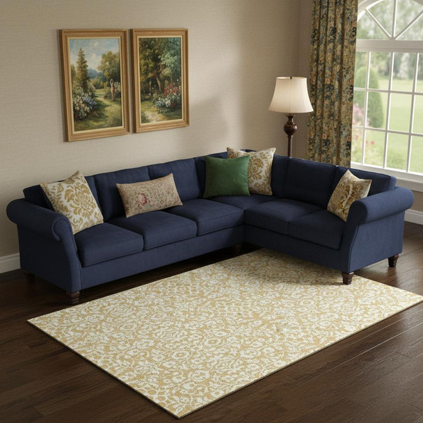 8' X 10' Gold And Ivory Damask Washable Area Rug With UV Protection