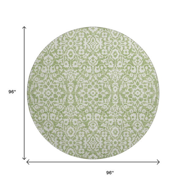 8' Green And Ivory Damask Washable Round Rug With UV Protection