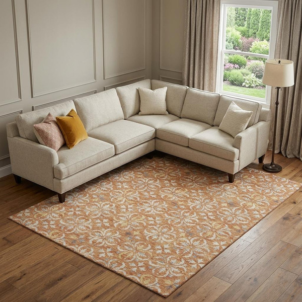 10' X 14' Copper And Beige Floral Washable Area Rug With UV Protection