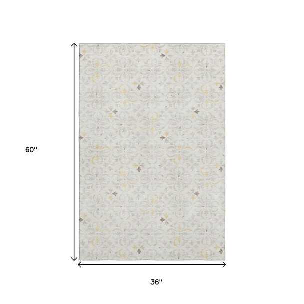 3' X 5' Ivory And Beige Floral Washable Area Rug With UV Protection
