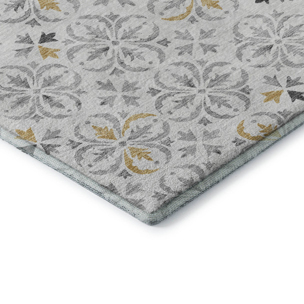 5' X 8' Silver And Gray Floral Washable Area Rug With UV Protection